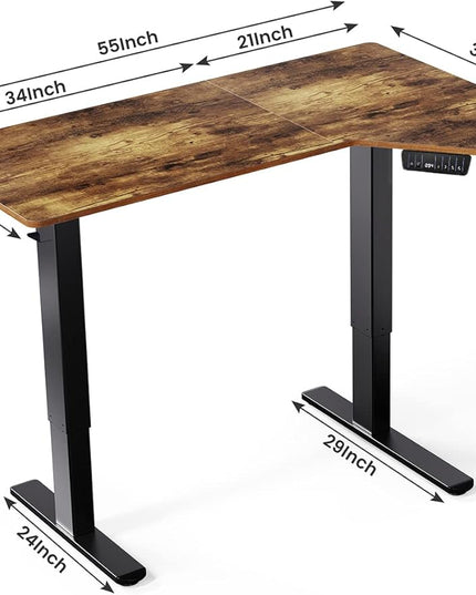 Electric Standing Desk, Height Adjustable Sit Stand up Desk, L-Shaped Memory Home Office Desk With Hook, 55 x 34 inch, Rustic - LeafyLoom