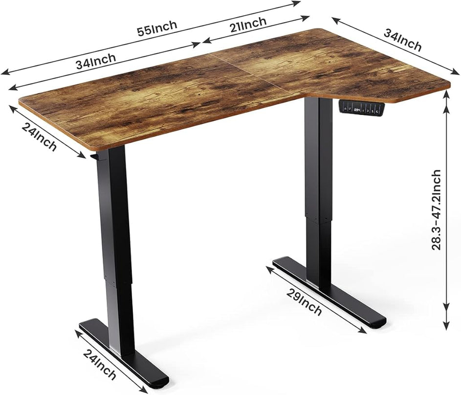 Electric Standing Desk, Height Adjustable Sit Stand up Desk, L-Shaped Memory Home Office Desk With Hook, 55 x 34 inch, Rustic - LeafyLoom