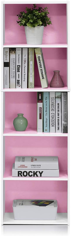 Furinno 5-Tier Reversible Color Open Shelf Bookcase , White/Pink 11055WH/PI - LeafyLoom