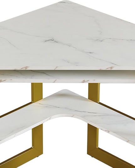 VECELO Corner Computer Desk Writing Smooth Keyboard Tray & Storage Shelves,Compact Home Office Triangle Table, Gold & White - LeafyLoom