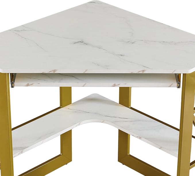 VECELO Corner Computer Desk Writing Smooth Keyboard Tray & Storage Shelves,Compact Home Office Triangle Table, Gold & White - LeafyLoom