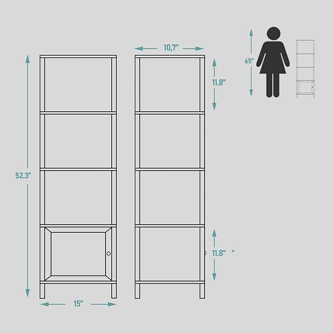 TUTOTAK 5 Tier Bookcase and Bookshelf, Narrow Book shelf with Door for Small Space, for Living Room, Office, Study, Entryway, Greige BS03BG005 - LeafyLoom