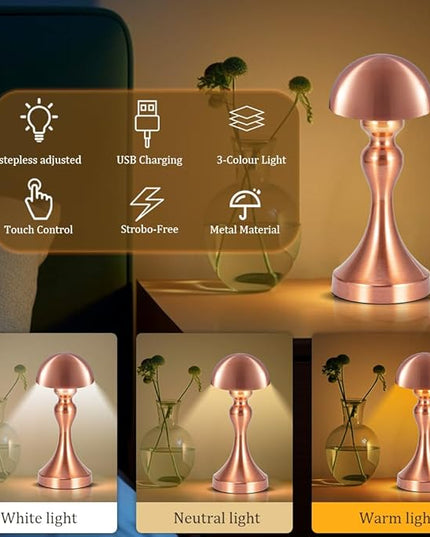 Portable LED Table Lamp, 3-Levels Brightness Metal Desk Lamp, 3 Color Touch Control Rechargeable Lamp, Night Light, Bedside Lamp,Dining Room Lamp (Rose Gold) - LeafyLoom