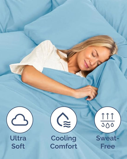 Queen Size 4 Piece Sheet Set - Comfy Breathable & Cooling Sheets - Hotel Luxury Bed Sheets for Women & Men - Deep Pockets, Easy-Fit, Soft & Wrinkle Free Sheets - Light Blue Oeko-Tex Bed Sheet Set - LeafyLoom