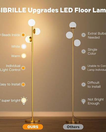 LED Floor Lamp for Living Room, 3 Globe Bright Standing Lamp with Remote, 4 Color Temterapure Dimmable Bedroom Lamp Modern Floor Lamp for Living Room Bedroom Office, 30W, 2700-6500K, Gold - LeafyLoom
