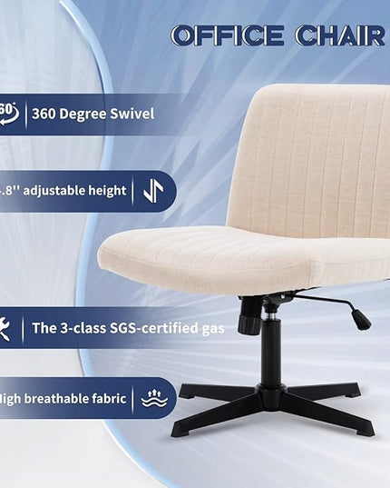 Armless Office Chair Wide Desk Chair Mid Back Accent Chair Padded Swivel Vanity Chair for Girl Women Computer Task Chair for Home Office (Linen, Beige with Cross Base) - LeafyLoom