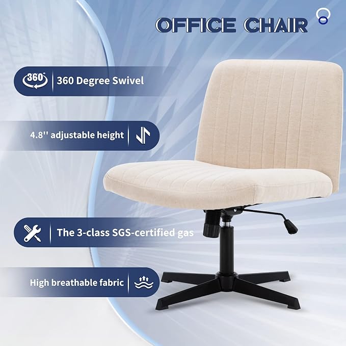 Armless Office Chair Wide Desk Chair Mid Back Accent Chair Padded Swivel Vanity Chair for Girl Women Computer Task Chair for Home Office (Linen, Beige with Cross Base) - LeafyLoom