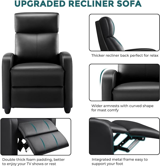 Recliner Chair for Adults, Massage Reclining Chair for Living Room, Adjustable Modern Recliners Chair, Home Theater Seating Single Sofa Recliner with Padded Seat Backrest (Deep Black) - LeafyLoom
