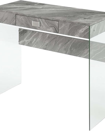 Convenience Concepts SoHo 1 Drawer Glass 36 inch Desk, Gray Faux Marble/Glass - LeafyLoom