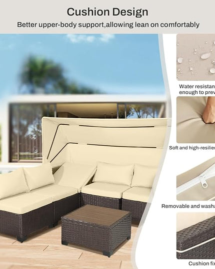6 PCS Outdoor Patio Furniture Set,Sectional Sofa Set,Rattan Daybed with Retractable Canopy,Adjustable Backrest,Storage Coffee Table,Chaise Chair Sunbed for Porch Garden Poolside Backyard(Beige) - LeafyLoom