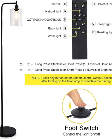 Industrial Floor Lamp, Dimmable Modern Standing Lamp with Clear Glass Shade, Black Tall Lamp with Remote & Foot Control, LED Bright Corner Lamp with 6W Bulb for Living Room Bedroom Office… - LeafyLoom