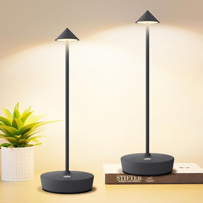 Set of 2 Rechargeable Cordless Table Lamp,6000mAh LED Battery Operated Desk Lamp Touch 3 Color Dimming Portable Outdoor Waterproof Table Light for Patio/Restaurant/Dining/Home (Grey) - LeafyLoom