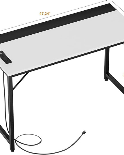 47 Inch Computer Desks with Power Outlets and USB Charging Ports, Modern Office Desk for Small Spaces, Sturdy Laptop PC Gaming Writing Table for Students, White and Black - LeafyLoom