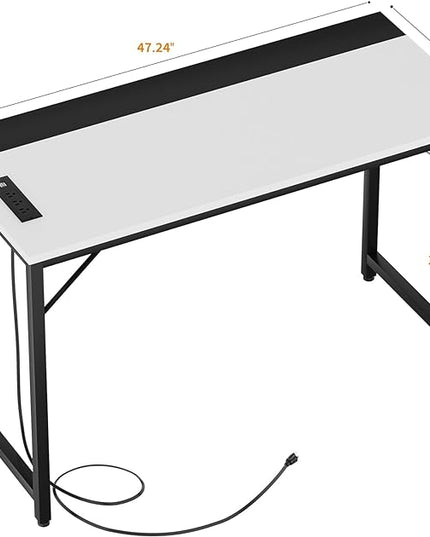 47 Inch Computer Desks with Power Outlets and USB Charging Ports, Modern Office Desk for Small Spaces, Sturdy Laptop PC Gaming Writing Table for Students, White and Black, 2 Pack - LeafyLoom