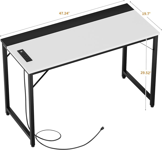 47 Inch Computer Desks with Power Outlets and USB Charging Ports, Modern Office Desk for Small Spaces, Sturdy Laptop PC Gaming Writing Table for Students, White and Black, 2 Pack - LeafyLoom