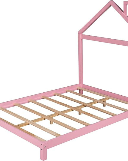 Jintop Full Size Wood Platform Chimney and House-Shaped Headboard,Bedroom Furniture Bed Frame W/ 10 Slat Support,Easy to Install,for Teens Kids Girls Boys,Pink - LeafyLoom