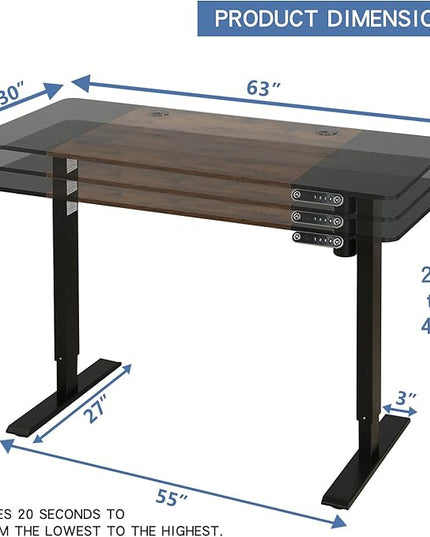 Adjustable Height Electric Standing Desk - 63 x 30 Inch Sit Stand Computer Desk with Splice Board, Stand Up Desk Table for Home Office, Black Frame/Black and Rustic Brown Top - LeafyLoom