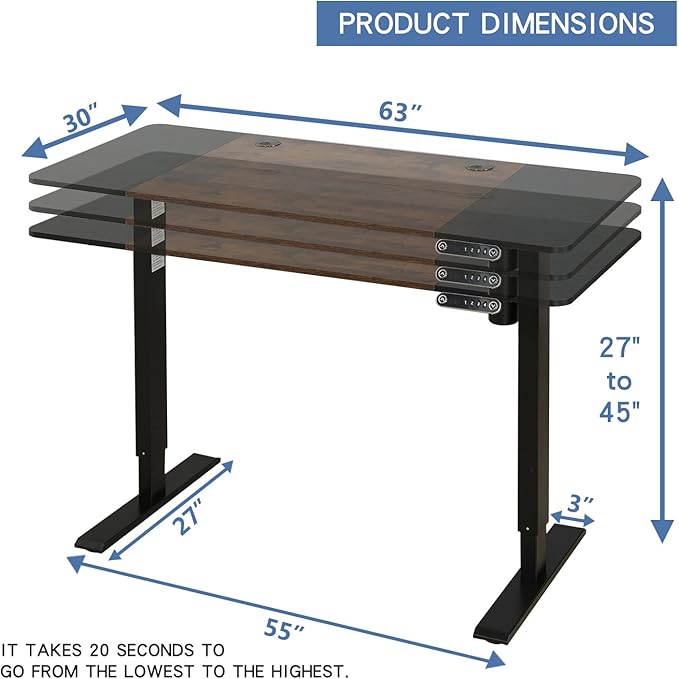Adjustable Height Electric Standing Desk - 63 x 30 Inch Sit Stand Computer Desk with Splice Board, Stand Up Desk Table for Home Office, Black Frame/Black and Rustic Brown Top - LeafyLoom