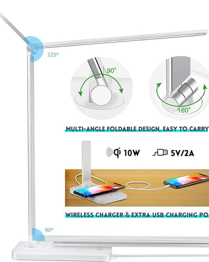 LED Desk Lamp with Wireless Charger, USB Charging Port, Desk Light with 10 Brightness, 5 Color Modes, Dimmable Eye Caring Reading Desk Lamps for Home Office, Touch Control, Auto Timer, White - LeafyLoom