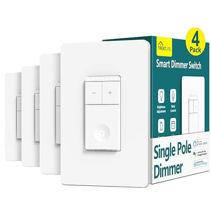 TREATLIFE Smart Dimmer Switch 4 Pack, Smart Light Switch Works with Alexa and Google Assistant, Neutral Wire Needed, 2.4Ghz Wi-Fi, Schedule, Remote Control, Single Pole, FCC Listed TREATLIFE