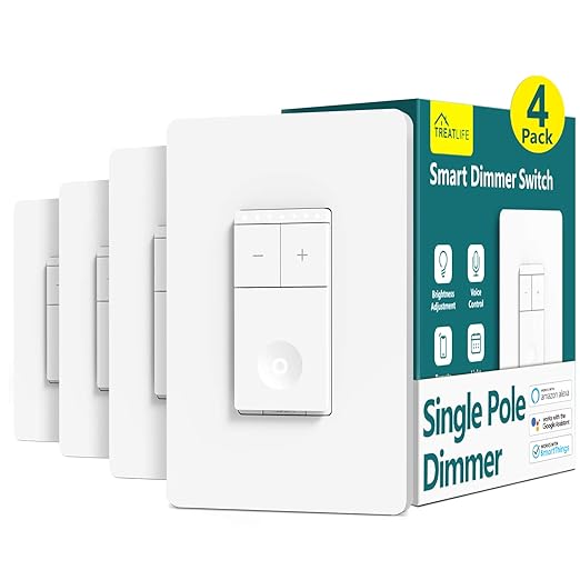 TREATLIFE Smart Dimmer Switch 4 Pack, Smart Light Switch Works with Alexa and Google Assistant, Neutral Wire Needed, 2.4Ghz Wi-Fi, Schedule, Remote Control, Single Pole, FCC Listed TREATLIFE