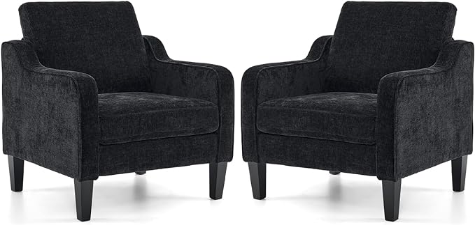 VINGLI Living Room Chairs Set of 2, Black Accent Chair 5.5" Thick Seat Cushion Comfy Chair Soft Chenille Side Chair Upholstered Arm Chair for Bedroom, Play Room, Apartment, Office (Black) - LeafyLoom