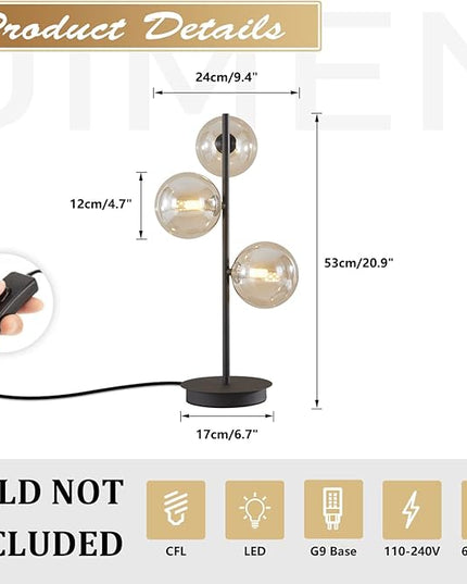 Mid Century Modern 3 Lights Globe Table Lamp Contemporary Minimalist Tall Bedside Desk Lamp Farmhouse Cognac Glass Nightstand Lamps Vintage Reading Light for Bedroom Living Room MTL03-B - LeafyLoom
