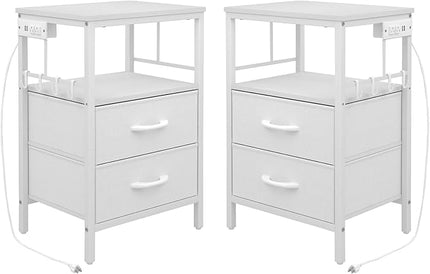Nightstands set 2 for Bedroom Decor, Bedside Table with Charging Station, Night Stands with Fabric Drawers and Open Shelf, Side Table with USB Ports & Outlets(White,2) - LeafyLoom