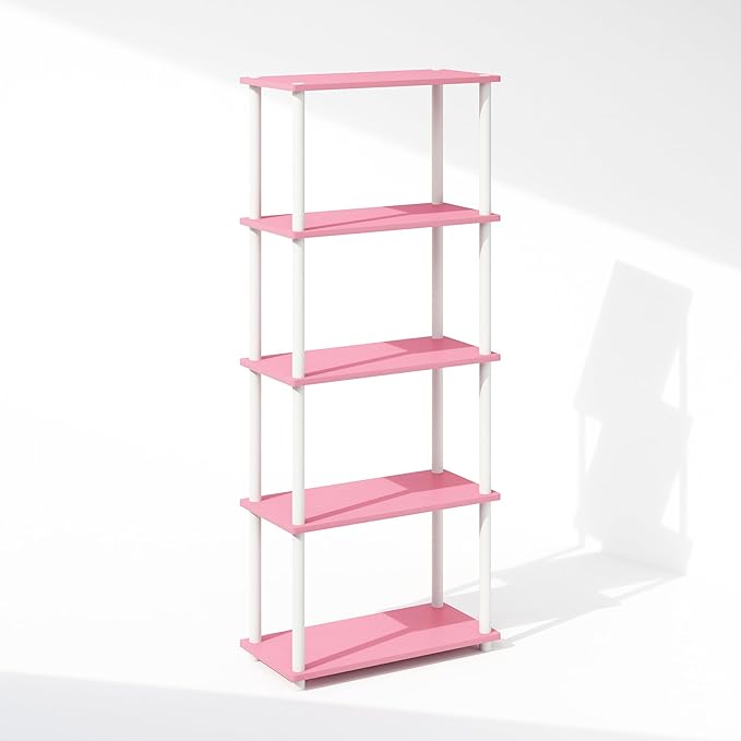 Furinno Turn-N-Tube 5-Tier Multipurpose Compact Display Rack, Shelving Unit, Bookcase, Pink/White - LeafyLoom