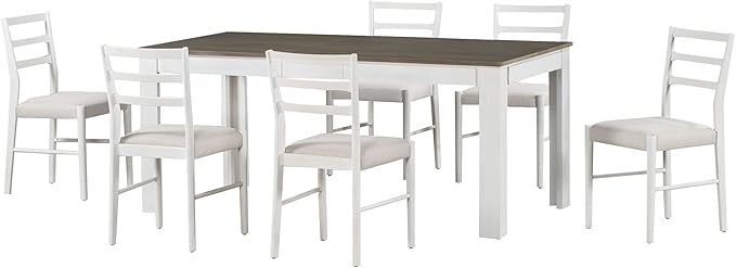 RITSU 7-Piece Multifunctional Retractable Dining Table Set, with 6 Upholstered Linen Chairs and 2 Small Drawers on The Side, Suitable for Living Room, Kitchen,Brown & White, 71.5inch - LeafyLoom