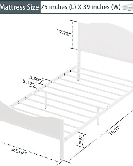 Timy Kids Twin Bed Frame with Wooden Headboard and Footboard, Metal Platform Bed Frame for Boys Girls Teens Adults, Modern Kids Bed Furniture, No Box Spring Needed, White - LeafyLoom