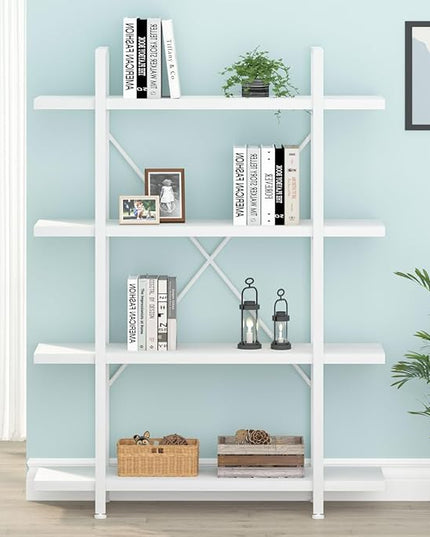 HSH 4 Tier White Bookshelf, Modern 4 Shelf Etagere Bookcase, Industrial Wood and Metal Storage Shelves and Display Book Rack, Farmhouse Open Wide Book Shelf for Bedroom Living Room Office, White Oak - LeafyLoom
