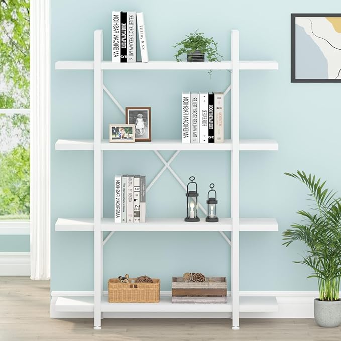 HSH 4 Tier White Bookshelf, Modern 4 Shelf Etagere Bookcase, Industrial Wood and Metal Storage Shelves and Display Book Rack, Farmhouse Open Wide Book Shelf for Bedroom Living Room Office, White Oak - LeafyLoom