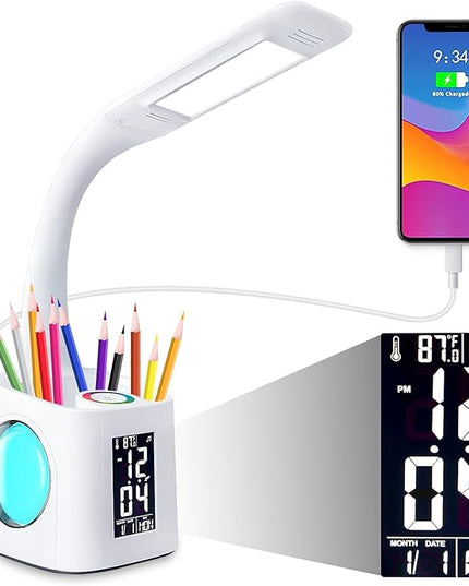 Study LED Desk Lamp with USB Charging Port, Kids Dimmable LED Table Lamp with Clock and Pen Holder, Home Office, College Student Dormitory, Reading Eye Protection Desk Lamp, Color Night Light,10W - LeafyLoom