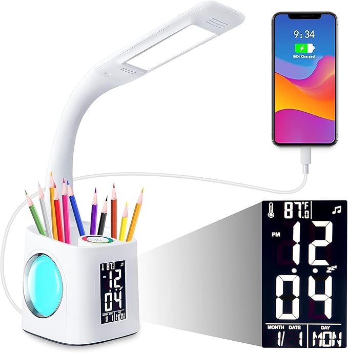 Study LED Desk Lamp with USB Charging Port, Kids Dimmable LED Table Lamp with Clock and Pen Holder, Home Office, College Student Dormitory, Reading Eye Protection Desk Lamp, Color Night Light,10W - LeafyLoom