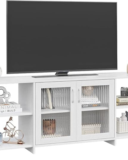 Panana TV Stand Television Stands Cabinet with 2 Doors 4 Open Cubby Storage Cabinets for Living Room Bedroom for TVs up to 70 Inches (White, 62.99 inch) - LeafyLoom