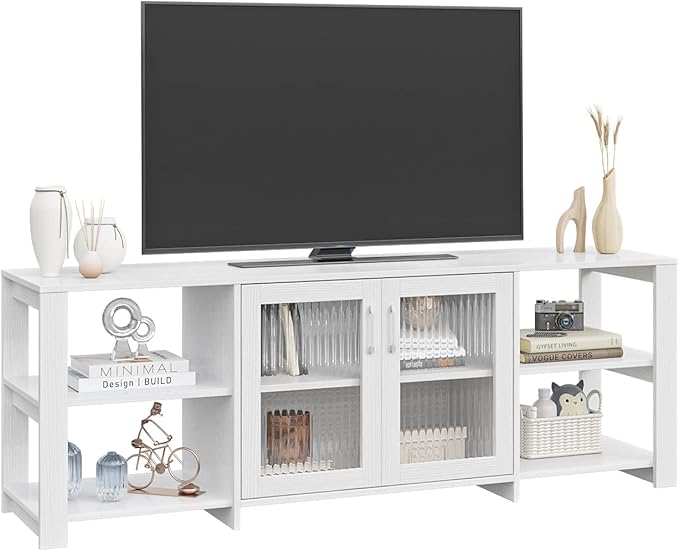 Panana TV Stand Television Stands Cabinet with 2 Doors 4 Open Cubby Storage Cabinets for Living Room Bedroom for TVs up to 70 Inches (White, 62.99 inch) - LeafyLoom
