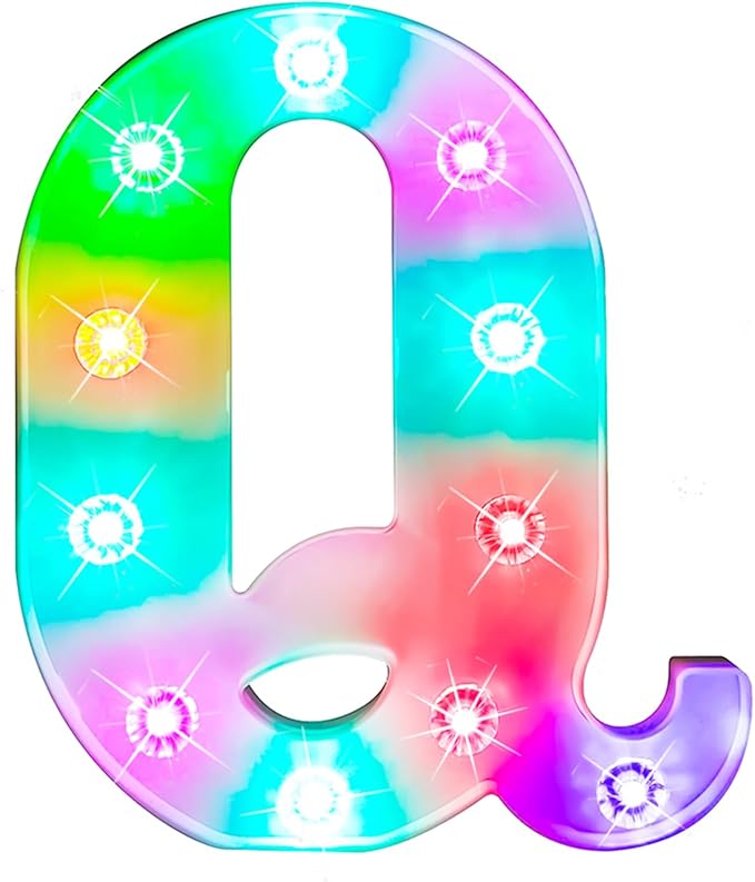 Glintee Light Up Letters Lights, 26 Alphabet Light Up Marquee Letters Sign, Light Up Letters Wedding/Birthday Party Night Light Home Bar Decoration-(Colorful Q) - LeafyLoom