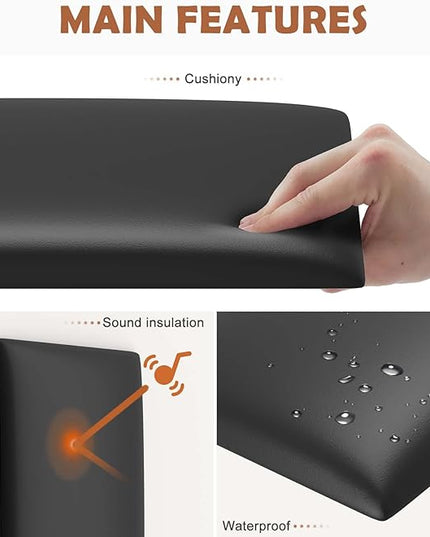 Wall Mounted Upholstered Headboard Queen, 3D Peel and Stick Soundproof Wall Panels, Reusable and Removable Padded Headboard Leather Bed Headboard, 9 Panels Headboard 9.84" x 23.62", Black - LeafyLoom