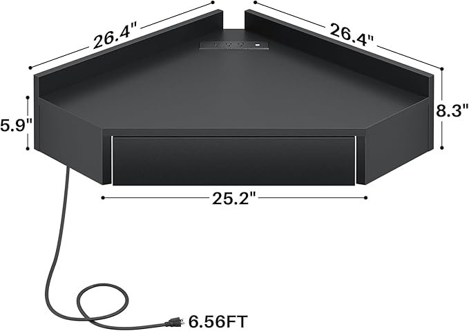 armocity Triangular Computer Desk with Outlets, Wall-Mounted Desk for Small Space, Floating Corner Table with Drawer, USB Ports, Home Office, Bedroom, Black - LeafyLoom