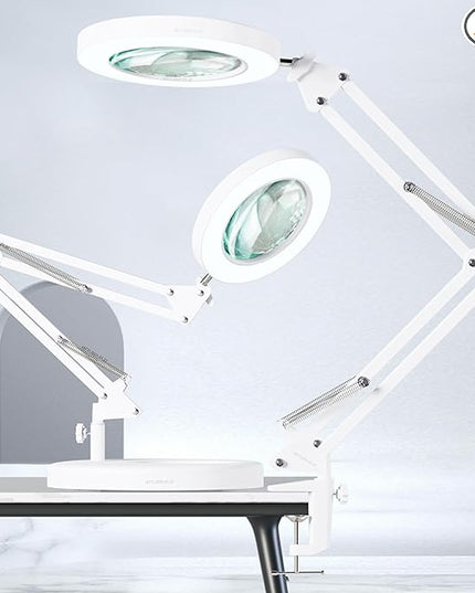 10X Magnifying Glass with Light, HITTI 1,800 Lumens Stepless Dimmable, 3 Color Modes, 4.2″ Real Glass Lens LED Magnifying Desk Lamp & Clamp, Magnifier Light and Stand for Crafts Close Work-White - LeafyLoom