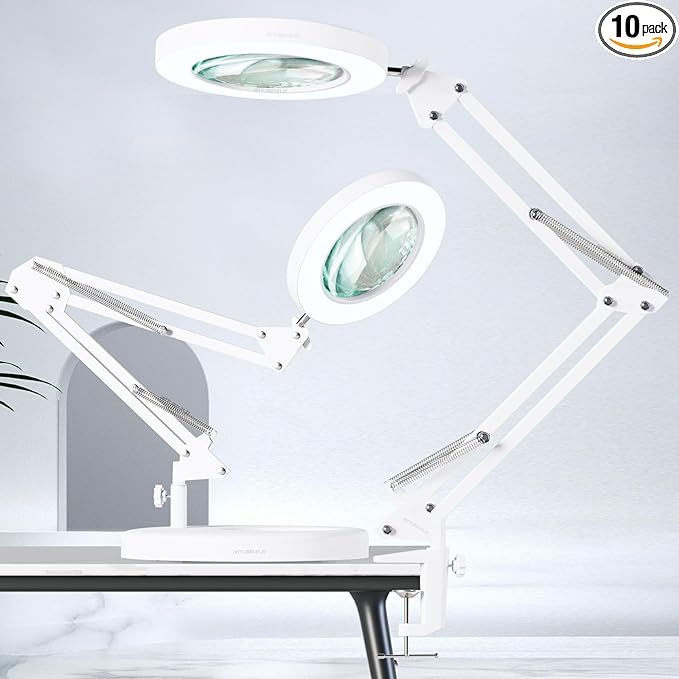 10X Magnifying Glass with Light, HITTI 1,800 Lumens Stepless Dimmable, 3 Color Modes, 4.2″ Real Glass Lens LED Magnifying Desk Lamp & Clamp, Magnifier Light and Stand for Crafts Close Work-White - LeafyLoom