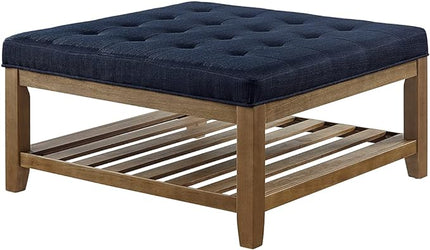 24KF Large Square Upholstered Tufted Linen Ottoman, Large Footrest Ottoman with Solid Wood Shelf- Navy Blue - LeafyLoom