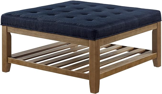 24KF Large Square Upholstered Tufted Linen Ottoman, Large Footrest Ottoman with Solid Wood Shelf- Navy Blue - LeafyLoom