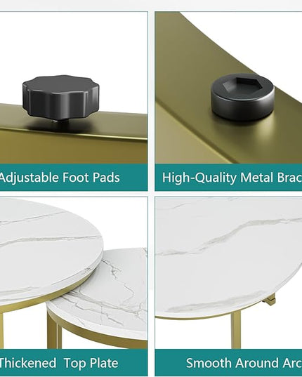 White Nesting Coffee Table Set of 2, 23.6“ Round Coffee Table Wooden Marble Pattern with Adjustable Non-Slip Feet, Industrial End Table for Living Room Bedroom Balcony Gold - LeafyLoom