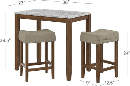 Nathan James Viktor 3 Piece Set, Heigh Kitchen Counter Pub Dining or Breakfast Table with Marble Top and Fabric Wood Base Seat, Beige/Light Brown - LeafyLoom