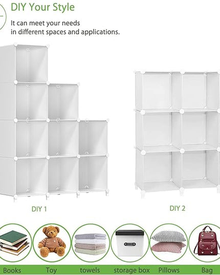 FUNLAX Cube Storage Shelf, 9 Storage Cubes Closet Organizers and Storage Portable Cube Storage Organizer Plastic Bookshelf Bookcase for Study Room, Bedroom, Office, White - LeafyLoom