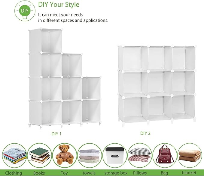 FUNLAX Cube Storage Shelf, 9 Storage Cubes Closet Organizers and Storage Portable Cube Storage Organizer Plastic Bookshelf Bookcase for Study Room, Bedroom, Office, White - LeafyLoom