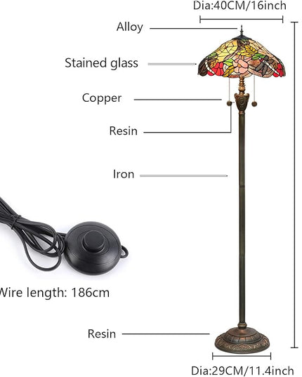 Tiffany Floor Lamp Dragonfly Style Spider Web Stained Glass for Living Room Bedroom Office Bright Lighting Rustic Corner Deco Standing Tall Vintage Unique Pull Chan Reading Aesthetic Lamps - LeafyLoom