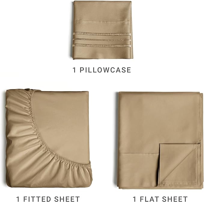 Twin XL Size 3 Piece Sheet Set - Comfy Breathable & Cooling Sheets - Hotel Luxury Bed Sheets for Women & Men - Deep Pockets, Easy-Fit, Extra Soft & Wrinkle Free Sheets - Beige Oeko-Tex Bed Sheet Set - LeafyLoom